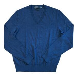 Vtg Polo Ralph Lauren Sweater Mens Med Blue V Neck Merino Wool Long Sleeve *FLAW